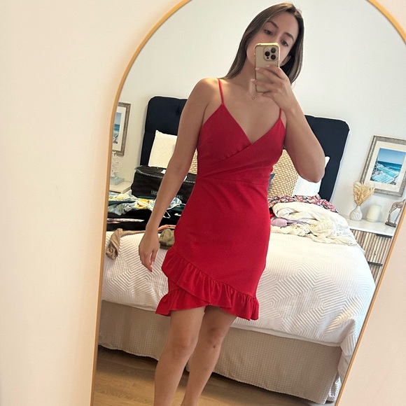 Red Asymmetrical Ruffle Mini Dress - Picture 3 of 3